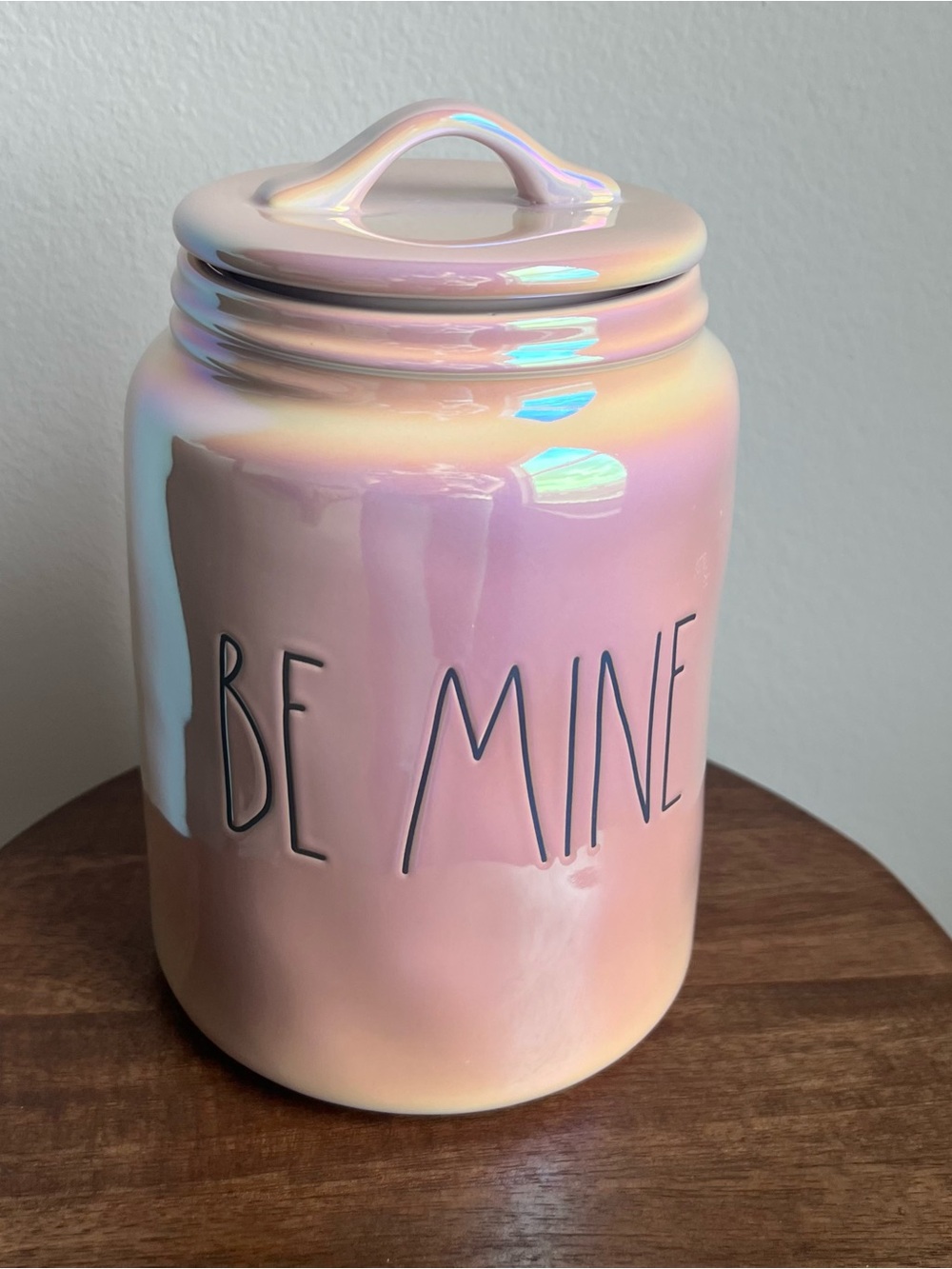 The New 10” Rae Dunn Be Mine Pink iridescent Canister
